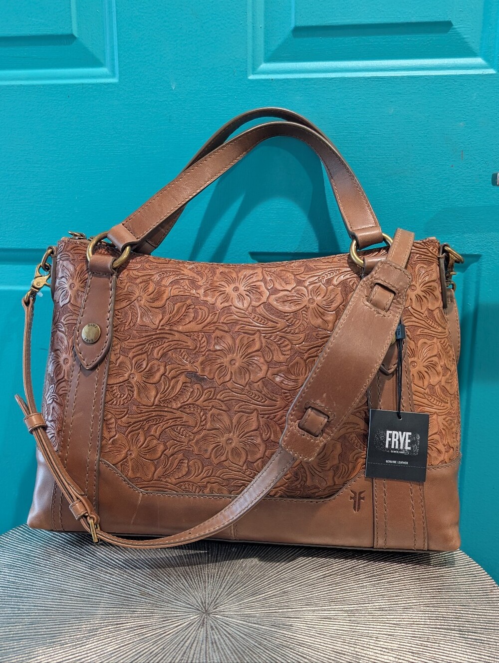 NWT FRYE Melissa Cognac Floral Tooled Medium Leather Satchel